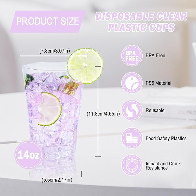 100 Pack 14 oz Clear Disposable Plastic Cups, Clear Plastic Cups Tumblers Cocktail Party Glasses, Elegant Disposable Decoration Cup for Thanksgiving, Wedding