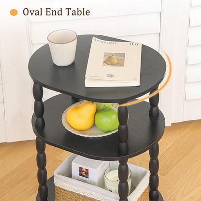 MaxSmeo Black Side Table with Charging Station, 3-Tier Small Oval End Table with USB Ports and Outlet, Modern Night Stand Wood Accent Table for Living Room, Bedroom, Black