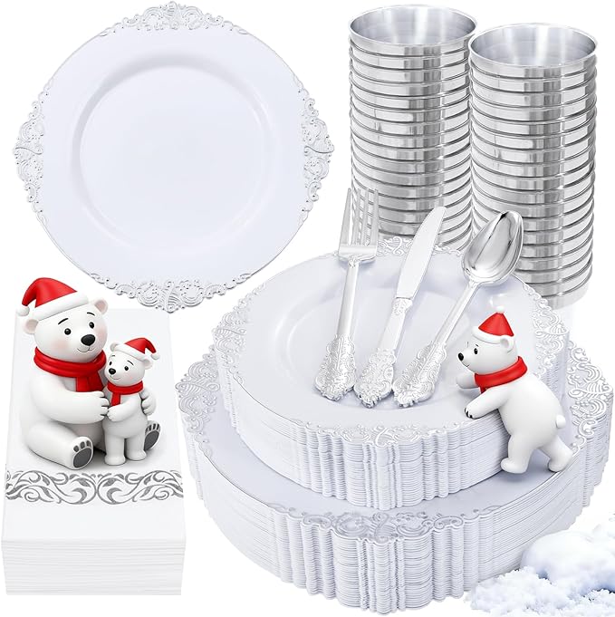 Nervure 350PCS Silver Plastic Dinnerware - White and Silver Disposable Plates for 50 Guests - 100 Disposable Plates, 150 Plastic Silverware, 50 Cups, 50 Napkins for Wedding & Party