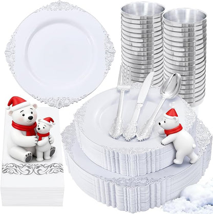 Nervure 350PCS Silver Plastic Dinnerware - White and Silver Disposable Plates for 50 Guests - 100 Disposable Plates, 150 Plastic Silverware, 50 Cups, 50 Napkins for Wedding & Party