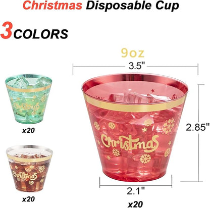 WELLIFE 60Pcs 9oz Christmas Party Cups, Christmas Cups Disposable, Includes 20 Each of Three Color Plastic Cups for Xmas