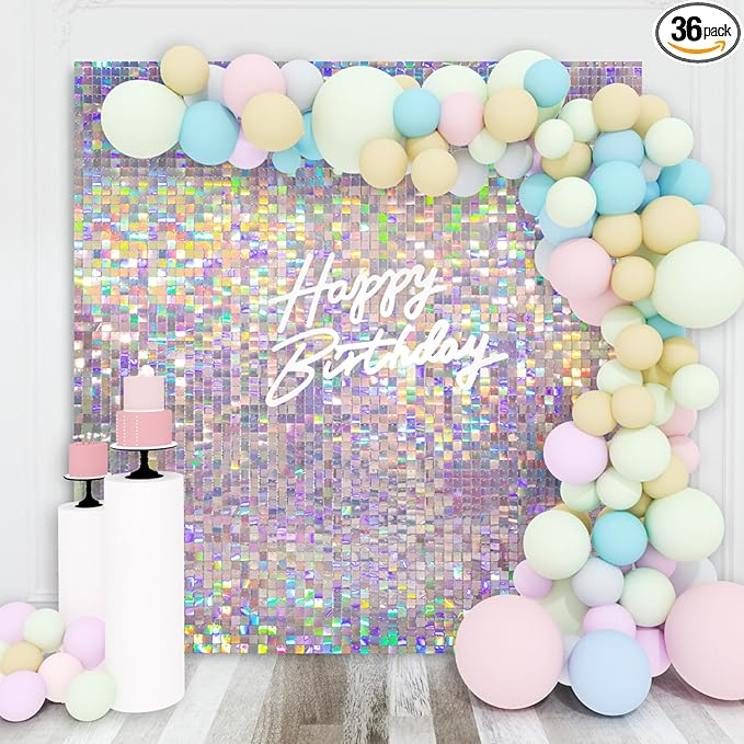Shimmer Wall Backdrop Silver Iridescent Square Sequin Wall Panel Backdrop Decor for Wedding, Anniversary, Birthday, Party, 36 Panels