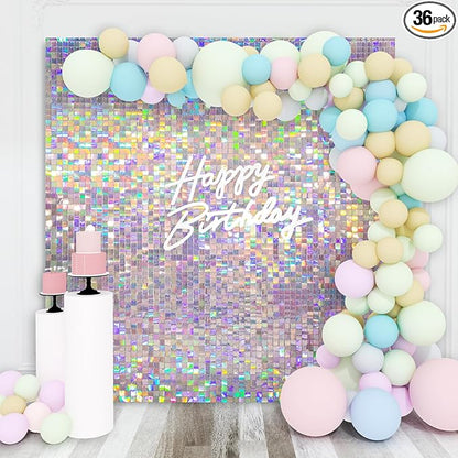 Shimmer Wall Backdrop Silver Iridescent Square Sequin Wall Panel Backdrop Decor for Wedding, Anniversary, Birthday, Party, 36 Panels
