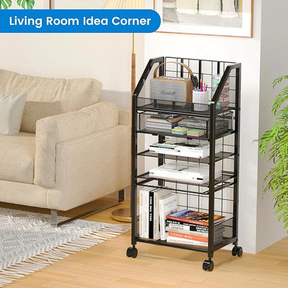 5 Tier Rolling File Cart with Drawer, Metal Office File Cart Organization with Sliding Trays, Teacher Carts with Wheels, Paper Letter Storage Hanging Files Folders for Workspace,Home,School Classroom