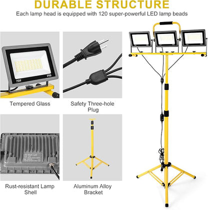 3-in-1 Color Work Lights with Stand, 22500Lm Head LED Work Light, with Adjustable and Foldable Tripod Stand, Waterproof Lamp with 3000 5000 6500 Kelvin Color Temperature
