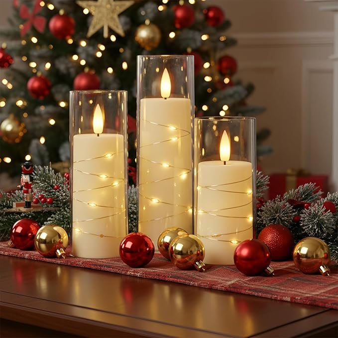 Raycare Flameless Candle with Remote Timer, 7 Flickering Acrylic Battery Operated LED Pillar Candles with Embedded Star String for Christmas, Home Decor, and as a Gift(Ivory)