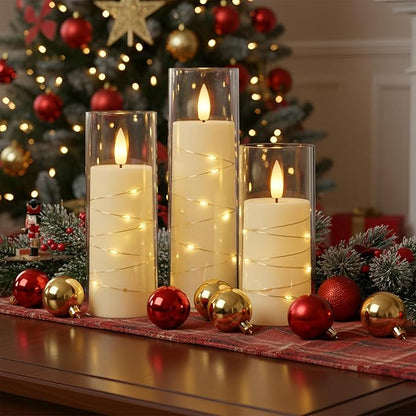 Raycare Flameless Candle with Remote Timer, 7 Flickering Acrylic Battery Operated LED Pillar Candles with Embedded Star String for Christmas, Home Decor, and as a Gift(Ivory)