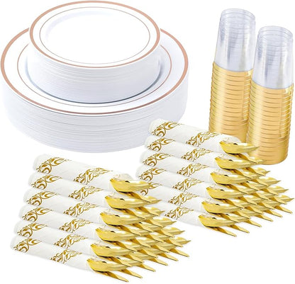 175 Pcs Rose Gold Disposable Plates for 25 Guests, Disposable Plastic Plates, Dinnerware Set Include 25 Dinner Plates, 25 Salad Plates,25 Cups, 25 Paper Napkins for Party, Wedding
