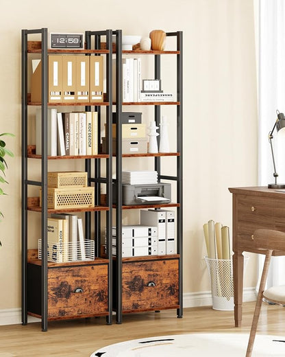 Furologee Book Shelf Set of 2, 6 Tier Tall Shelf with Drawer, Bookshelves and Bookcases Set of 2, Industrial Display Shelving Unit for Bedroom, Living Room, Home Office, Rustic Brown