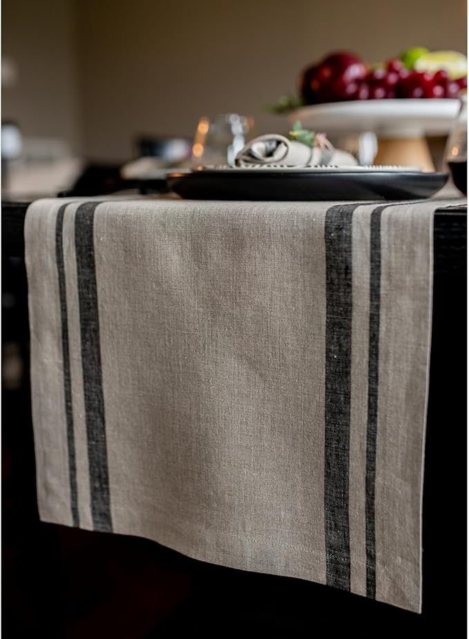 Solino Home Linen Table Runner 90 Inches Long - French Stripe, 100% Pure Linen Black and Natural Farmhouse Table Runner 14 x 90 Inch Ideal for Dining, Fall, Autumn, Holiday