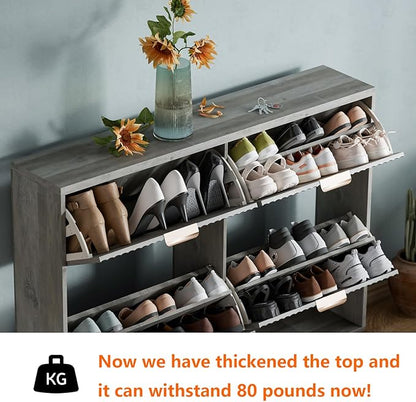 Shoe Cabinet Storage,Modern Freestanding Organizer with 4 Flip Drawers,Narrow Shoe Rack Cabinet for Entryway,Grey