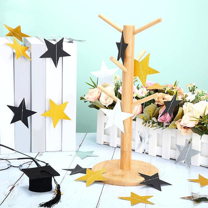 Patelai Glitter Star Garland Banner Christmas Decor 130 Feet Star Hanging Bunting Banner Twinkle Backdrop for Homecoming Classroom Wedding Birthday Halloween Party Supplies(Silver Gold Black)