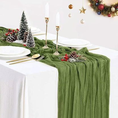 Green Christmas Table Runner Moss Green Cheesecloth Table Runner Gauze 120 Inch 10 FT Long Rustic Boho Cheese Cloth Runner for Wedding Bridal Shower Birthday Party Home Decorations