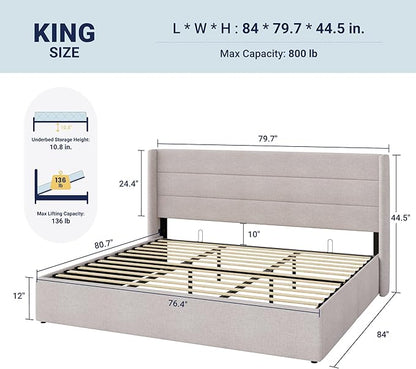 Allewie King Size Lift Up Storage Bed, Modern Wingback Headboard, Hydraulic Support, No Box Spring Needed, Light Beige