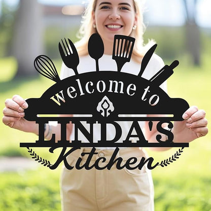 Personalized Kitchen Signs Wall Decor - Custom Metal Name Sign, Custom Kitchen Sign, Rustic Kitchen Decor Wall, Gift for Mothers Day, Mom, Grandma, Chef, Welcome to Linda's Kitchen