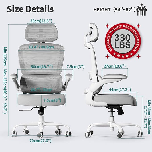 TRALT Office Chair Ergonomic Desk Chair, 330 LBS Home Mesh Office Desk Chairs with Wheels, Comfortable Gaming Chair, High Back Office Chair for Long Hours (Light Grey)