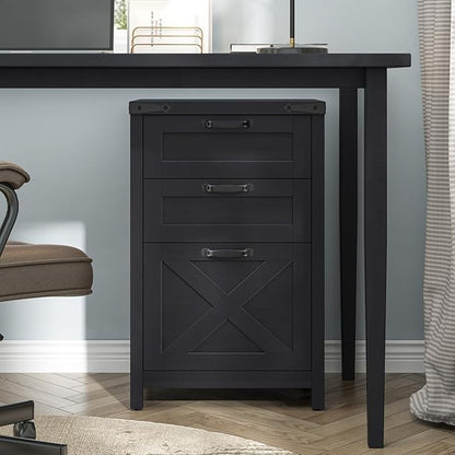 3 Drawer Small File Cabinet, Farmhouse Vertical Filing Cabinet Fits Letter and A4 Size, Under Desk Wooden File Cabinets for Home Office, Printer Stand, Black