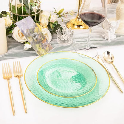 Rubtlamp 60 Green Plastic Plates, Hammered Clear and Gold Disposable Plates Include 30 Dessert Platos, 30 Dinner Platos for St. Patrick's Day