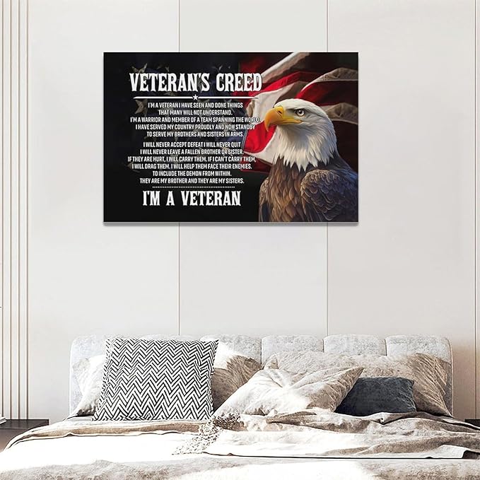 Veteran Wall Art Patriotic Pictures Wall Decor Military Canvas Prints Veterans Day Decorations Painting Framed Bald Eagle Artwork Office Home Man Cave Decor For Bathroom Bedroom Living Room 24"x16"