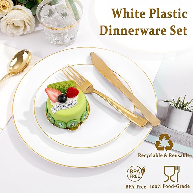 Festiva 176Pcs White and Gold Plastic Plates - White with Gold Rim Fall Dinnerware Set - 25Guest include Plates Cups Cutlery Napkins for Fall Party&Wedding& New Year&Thanksgiving