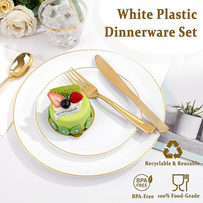 Festiva 176Pcs White and Gold Plastic Plates - White with Gold Rim Fall Dinnerware Set - 25Guest include Plates Cups Cutlery Napkins for Fall Party&Wedding& New Year&Thanksgiving
