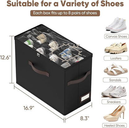OIAHOMY 4 Pack Shoe Organizer for Closet, Foldable Shoe Storage Bins with Adjustable Dividers, Stackable Oxford Cloth Sneaker Boxes for Entryway Bedroom, Fits Up to 32 Pairs, Black