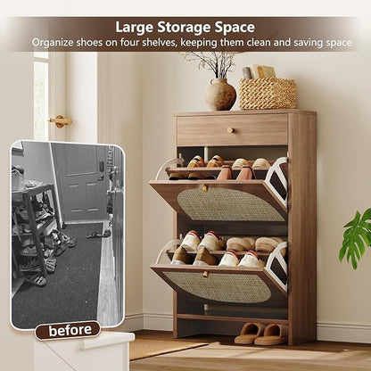 Nicetree Shoe Cabinet for Entryway, Slim Shoe Rack with 2 Flip Drawers and Top Storage Drawer, Narrow Shoe Organizer with Arched Rattan Accent, Entryway Shoe Storage for Size 12 Shoes, Caramel