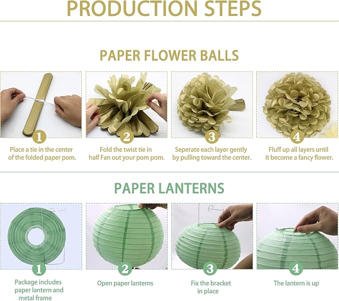 15pcs Hanging Party Decorations Set, Sage Green Gold Paper Flowers Pom Poms Balls and Paper Lanterns for Rustic Party Bridal Shower Wedding Sage Green Birthday Party Supplies