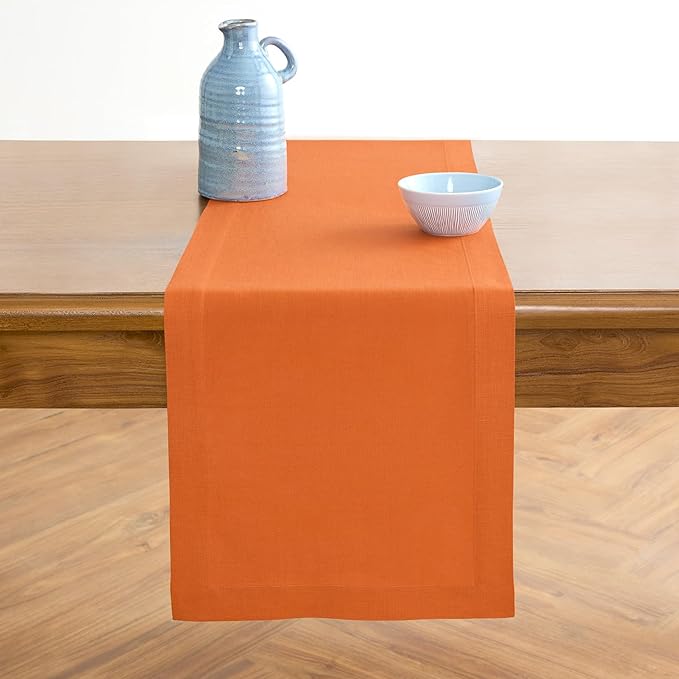 Solino Home Linen Table Runner 48 Inches - 100% Pure Linen Persimmon Orange Table Runner 14 x 48 Inch Ideal for Dresser and Coffee Tables - Fall, Autumn, Christmas, New Year - Fete