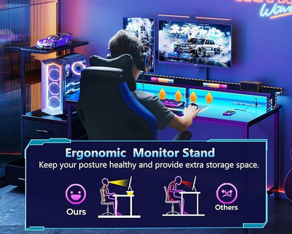 AODK 59 Inch Gaming Desk with USB Charging Ports & LED Light- Reversible Computer Desk with Storage Shelves & Monitor Stand, Modern Gamer Desk Table with Fabric Drawers & Side Hook, Carbon Fiber Black