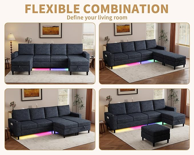 Smart Sectional Couches for Living Room, 4 Seat U/L Shaped Sectional Sofa with RGB Light/Charging, Modern Living Room Furniture for Apartments/Office/More (Blue)