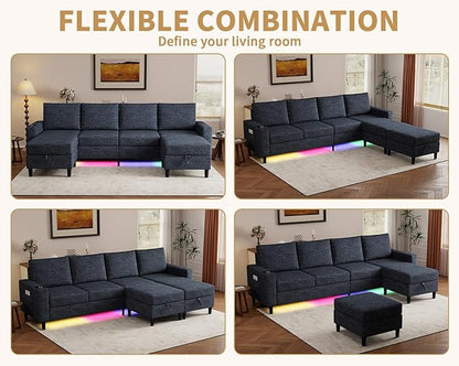 Smart Sectional Couches for Living Room, 4 Seat U/L Shaped Sectional Sofa with RGB Light/Charging, Modern Living Room Furniture for Apartments/Office/More (Blue)