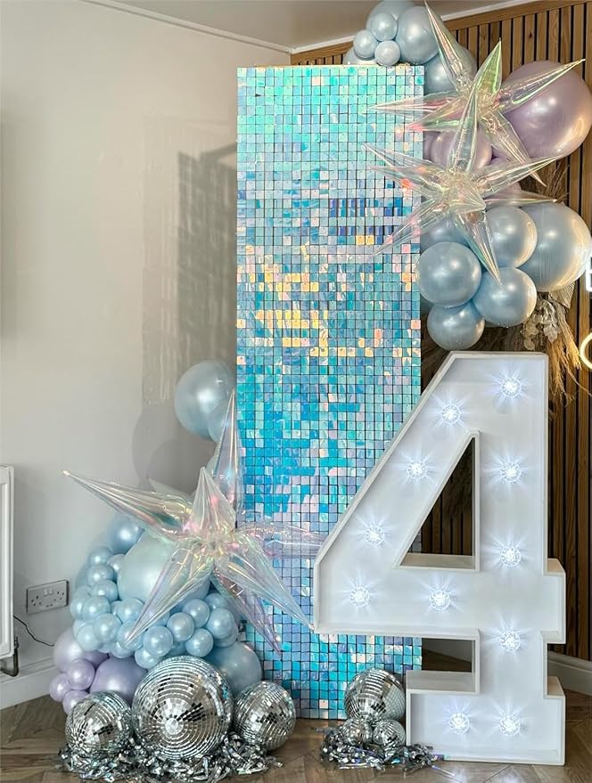 Shimmer Wall Backdrop Blue Iridescent Square Sequin Wall Panel Backdrop Decor for Wedding, Anniversary, Birthday, Party, 12 Panels