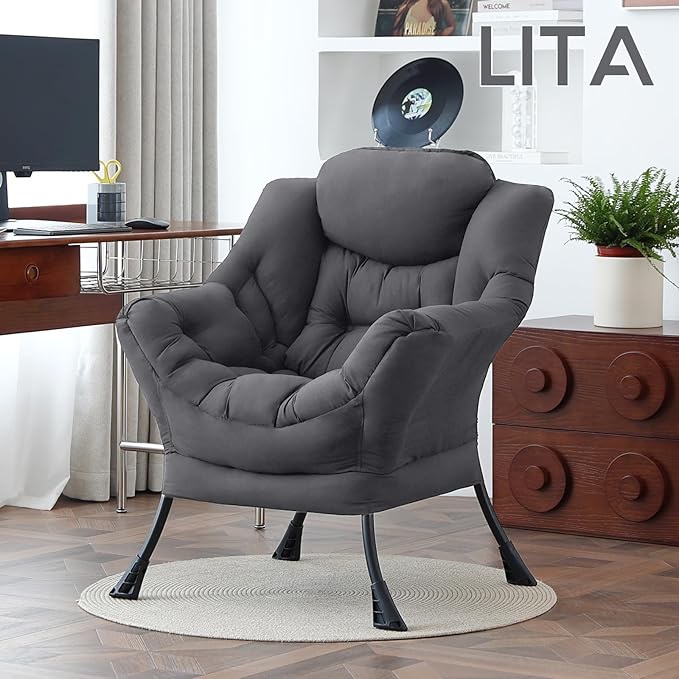 LITA Lazy Chair with Armrests and Side Pocket, Modern Upholstered Accent Reading Chair for Living Room, Bedroom, Dorm, Small Spaces, Single Dark Grey