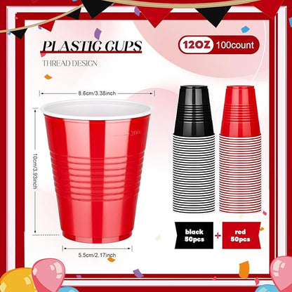 KesaPlan 100 PCS 12 OZ Plastic Cups, Happy New Year Party Cups Black and Red Cups Disposable Drinking Cup Bulk For Christmas Graduation Wedding Birthday Halloween Family Gathering Festive Celebrations