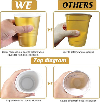 100 Pcs Black and Gold Plastic Cups 12 oz, Bulk Gold and Black Disposable Party Graduation Cups for Graduation New Year Wedding Birthday Christmas Theme Party Supplies Decorations