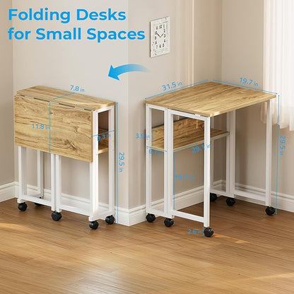 GreenForest Folding Desk Small Rolling Desk with Storage Shelf,31.5 inch Foldable Computer Desk with Wheels for Small Space, Easy Assembly,Oak