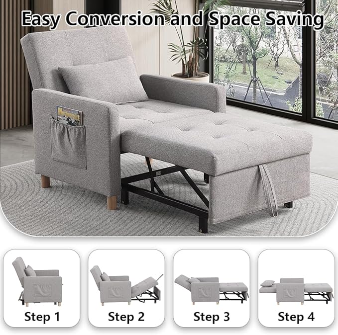 Sleeper Chair,Convertible Sleeper Sofa Chair,Pull Out Sleeper Chair with Adjustable Backrest,Multi-Functiona Lounge Chair for Living Room(Light Grey)