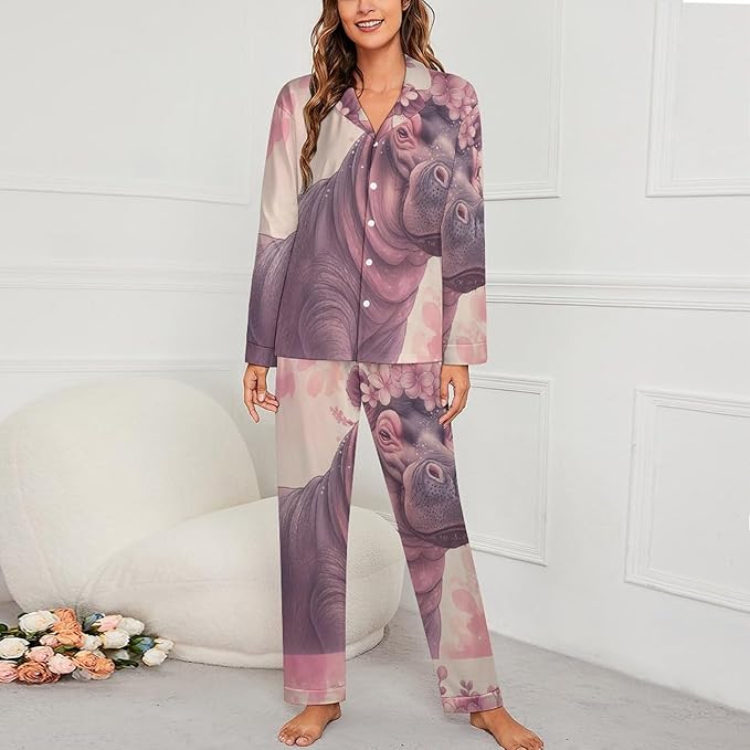 Lemons Leaves Ceramic Style Womens Pajama Set Long Sleeve Pajamas Top And Pants Soft Loungewear Pjs Sets