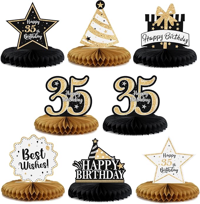 Happy 35th Birthday Decorations,35th Bday Gold Glitter Shiny Stand Honeycomb Table Centerpieces - Cheers to 35 Years Old Birthday Party Photoprop Gift Sign.