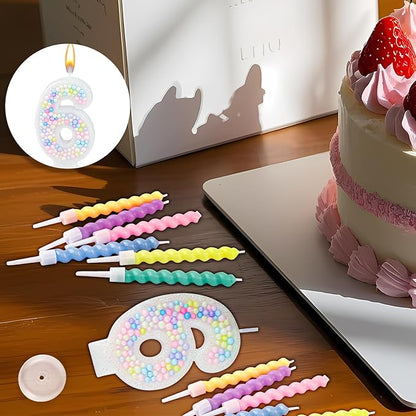 Number Birthday Candle with 12PCS Spiral Candles and A Birthday Card - Perfect for Celebrating Birthdays (Macaron Glitter, Number 6)