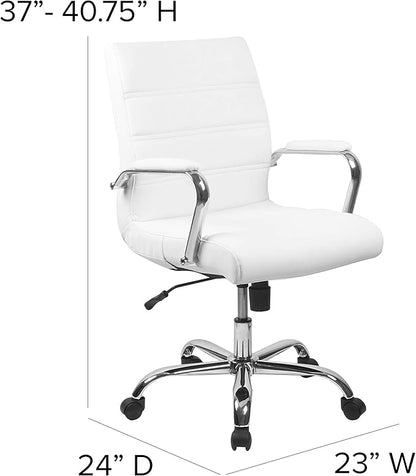 Flash Furniture Whitney Mid-Back Swivel LeatherSoft Desk Chair with Padded Seat and Armrests, Adjustable Height Padded Office Chair, White/Chrome