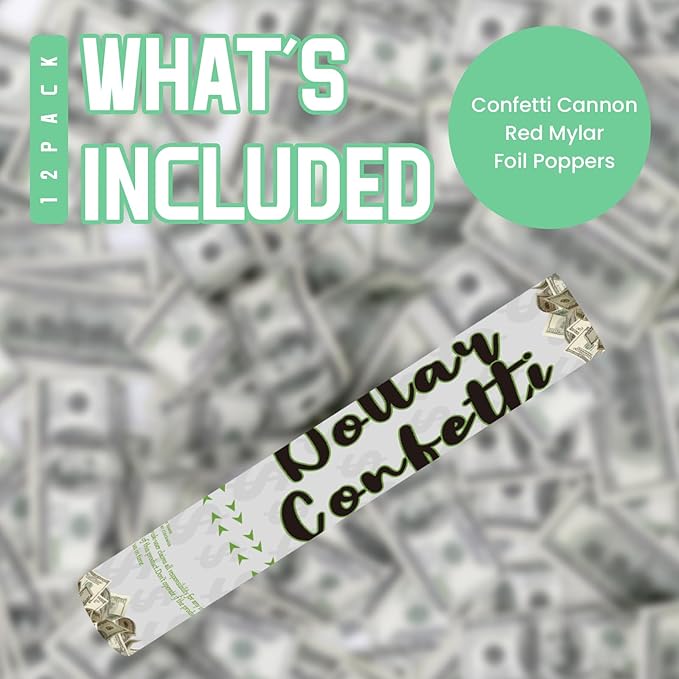 Confetti Poppers Prop Money Confetti Cannon 12 Pack Money Shooter Cannons with Mini 100 Dollar Bill 12 Inch Party Poppers Cash Cannon Bulk for Wedding Birthday Graduation Baby Gender Reveal Party