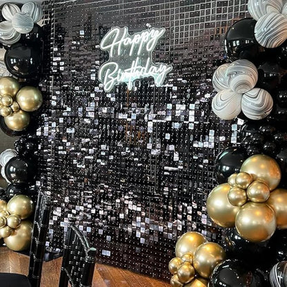 COKAOBE Black Shimmer Wall Backdrop, 24PCS Square Sequin Shimmer Backdrop Panel, Photo Backdrops for Birthday, Anniversary, Wedding, Graduation & Bachelorette Party Decoration