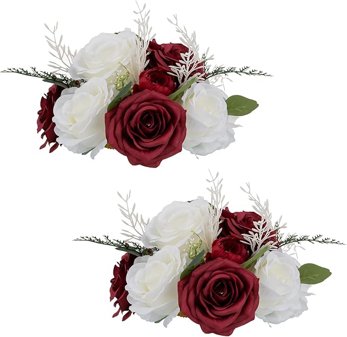 NUPTIO Flower Ball Centerpieces for Tables: Crimson & White Artificial Rose Fake Floral Arrangement for Wedding Party Centerpiece Decorations 9.4 Inch Diameter 2 Pcs