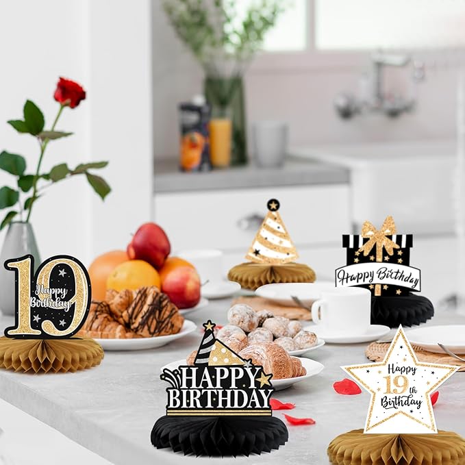 Happy 19th Birthday Decorations,19th Birthday Gold Glitter Shiny Stand Honeycomb Table Centerpieces - Cheers to Nineteen Years Old Birthday Party Photoprop Gift Sign.
