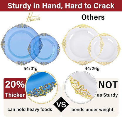 Hioasis 210pcs Blue and Gold Plastic Plates - Elegant Disposable Dinnerware Set Suitable for 30 Guests Include 10.25" Dinner & 7.5" Dessert Plates, Pre Rolled Silverware Set, Cups for Christmas