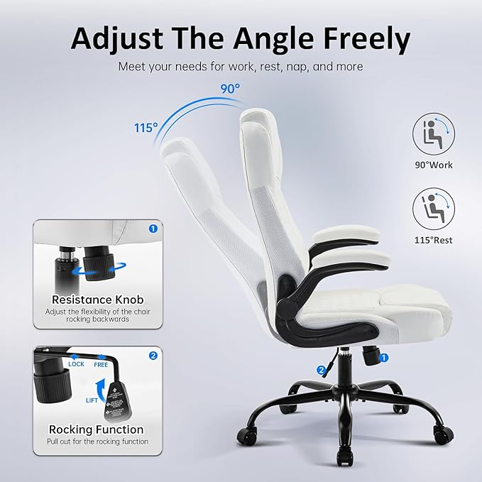 Office Chair, Executive PU Leather Chair Home Office Desk Chairs, Ergonomic Computer Desk Chair with Adjustable Flip-Up Arms, Lumbar Support Swivel Task Chair with Rocking Function (White)