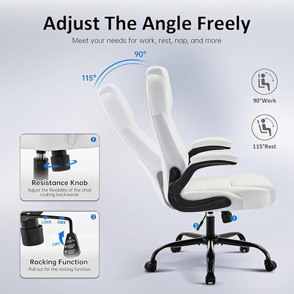 Office Chair, Executive PU Leather Chair Home Office Desk Chairs, Ergonomic Computer Desk Chair with Adjustable Flip-Up Arms, Lumbar Support Swivel Task Chair with Rocking Function (White)