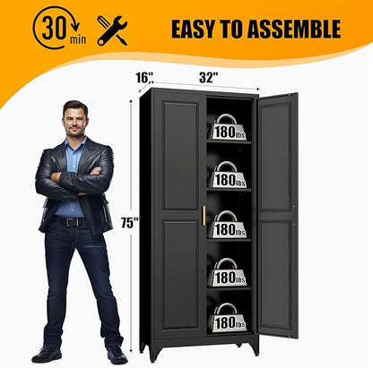 75" Tall Metal Storage Cabinet, Kitchen Pantry Storage Cabinets with Doors and 4 Shelves, Black Pantry Cabinet, Utility Kitchen Cupboard, Large Steel Cabinets for Dining, Office, Living Room